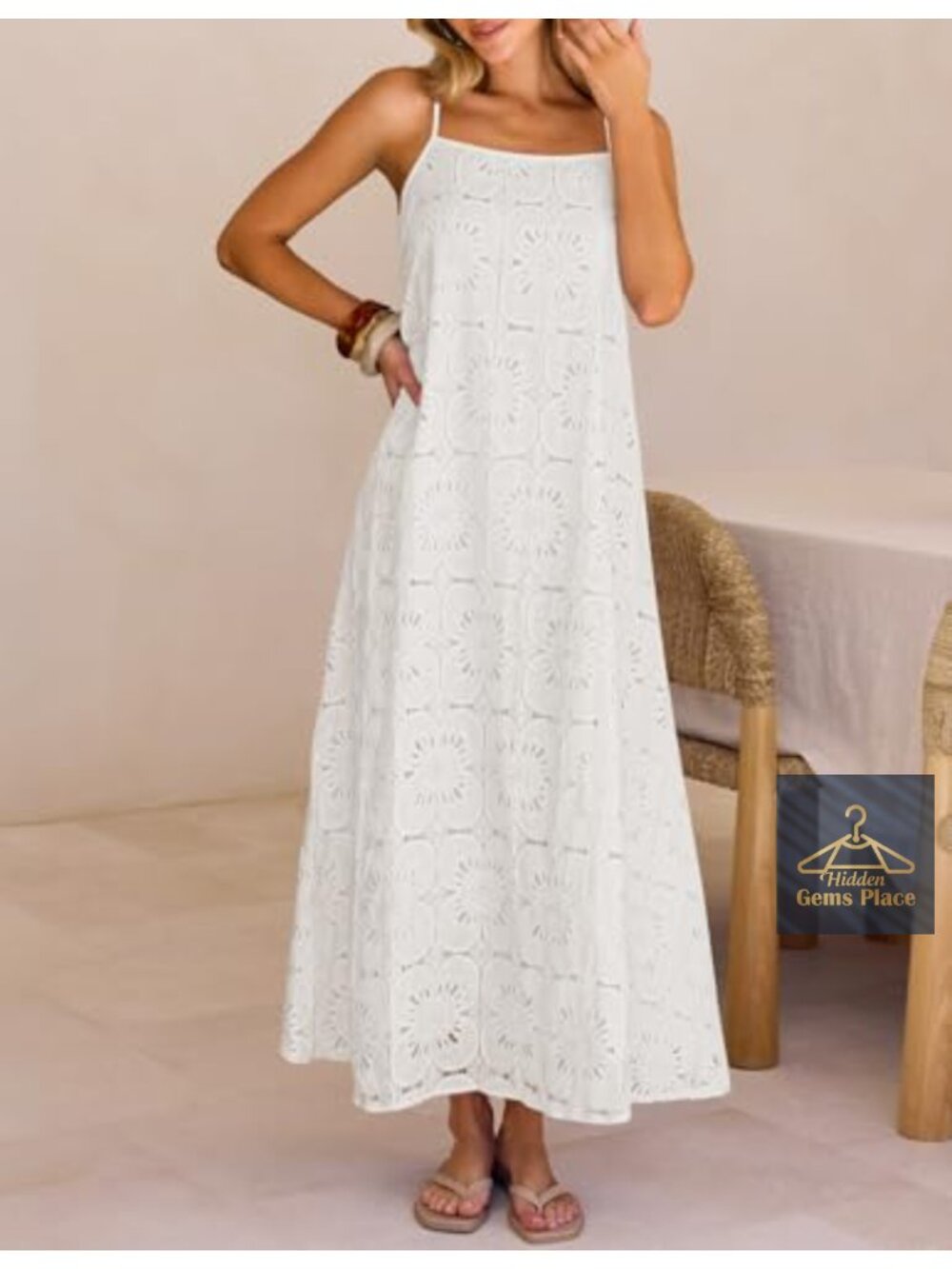 Sleeveless Floral Eyelet Lace Boho Beach Maxi Dress with Pockets - Picture 5 of 6